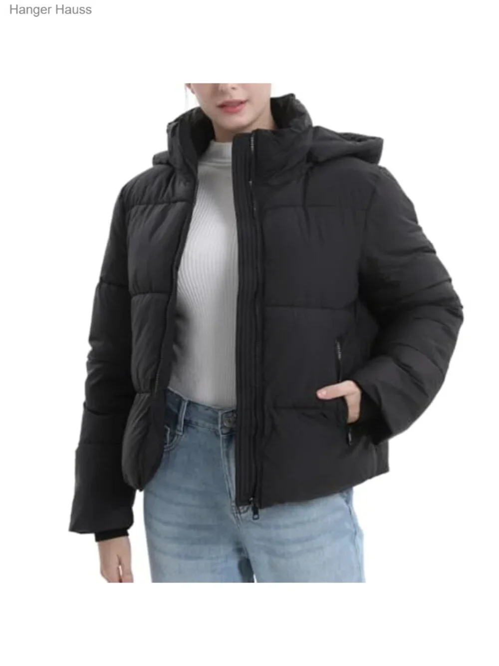 Women's Quilted Cropped Puffer Jacket, Removable Hood, Zippered Pockets, Warm